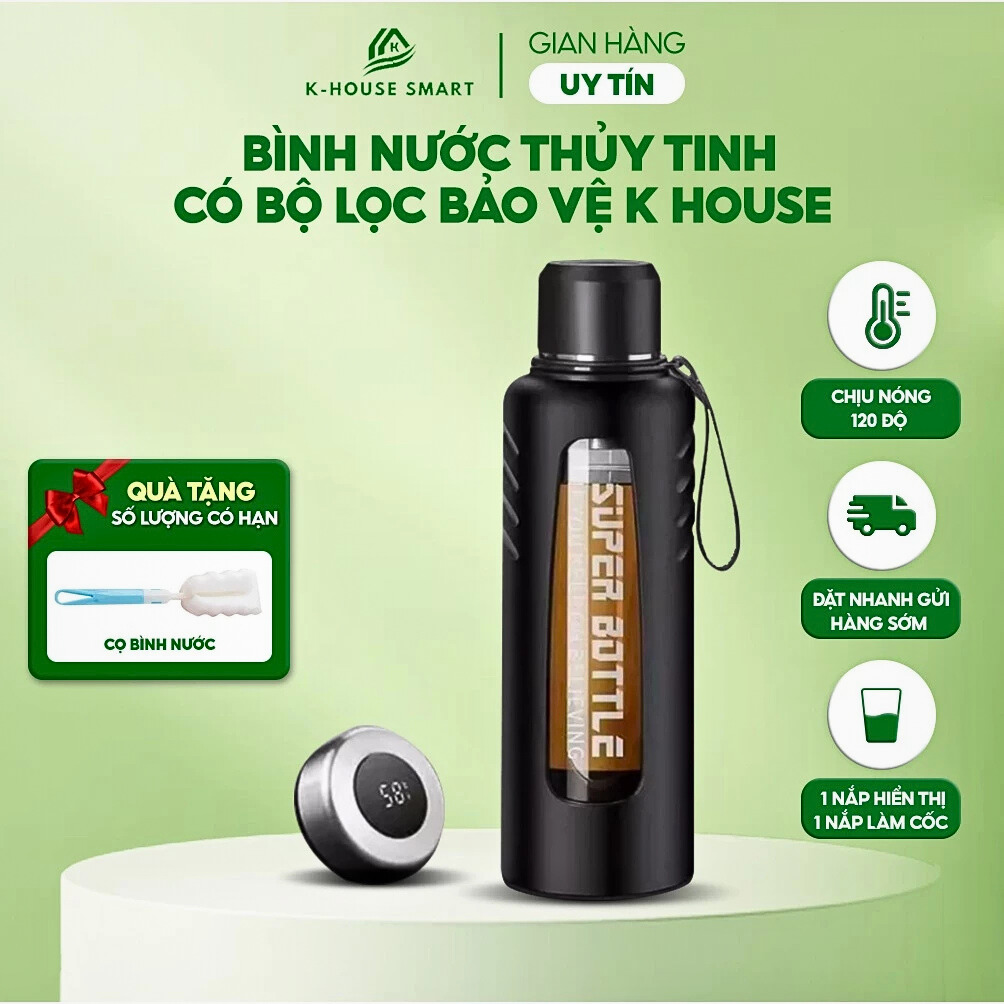 Bình pha trà thuỷ tinh chịu nhiệt có lọc bã trà và vỏ bảo vệ chống nóng K-House Smart tặng kèm cọ vệ sinh bình