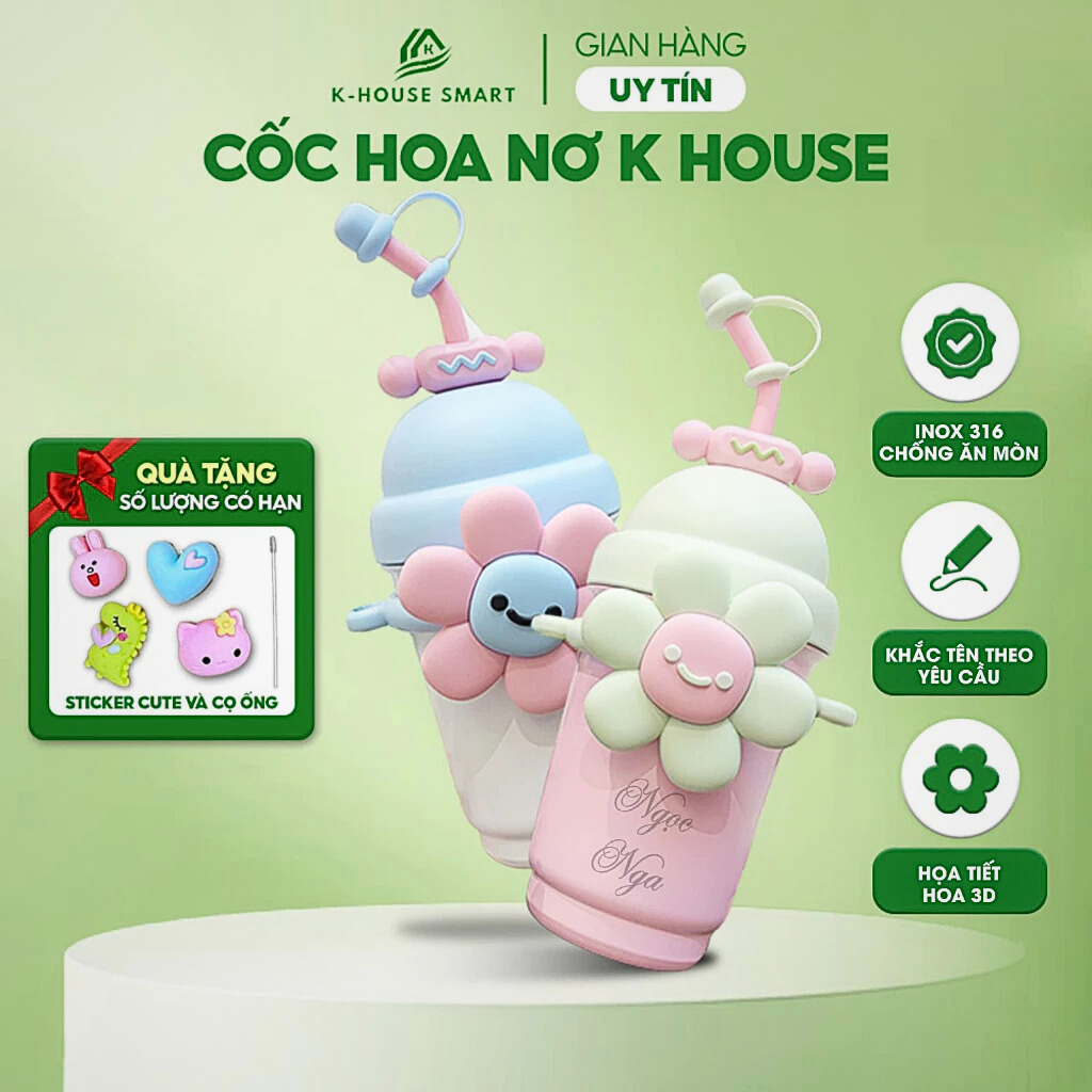 Bình giữ nhiệt bông hoa cute K- House Smart 700ml làm từ inox cao cấp 316