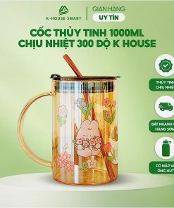Cốc thuỷ tinh lớn dễ thương 1000ml K- House Smart có nắp đậy