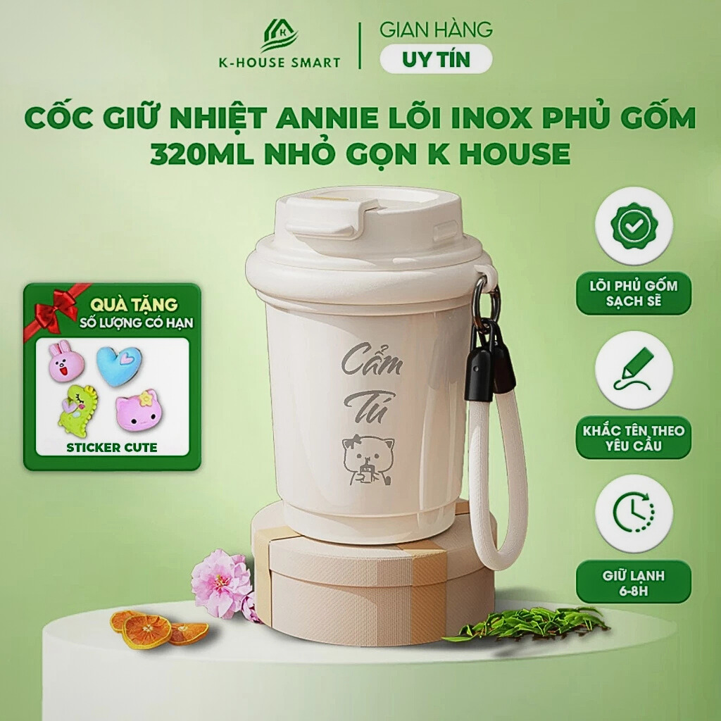 Cốc giữ nhiệt Annie inox 316 lõi phủ gốm K House Smart, bình uống nước cà phê 320ml – nhỏ gọn tặng kèm sticker