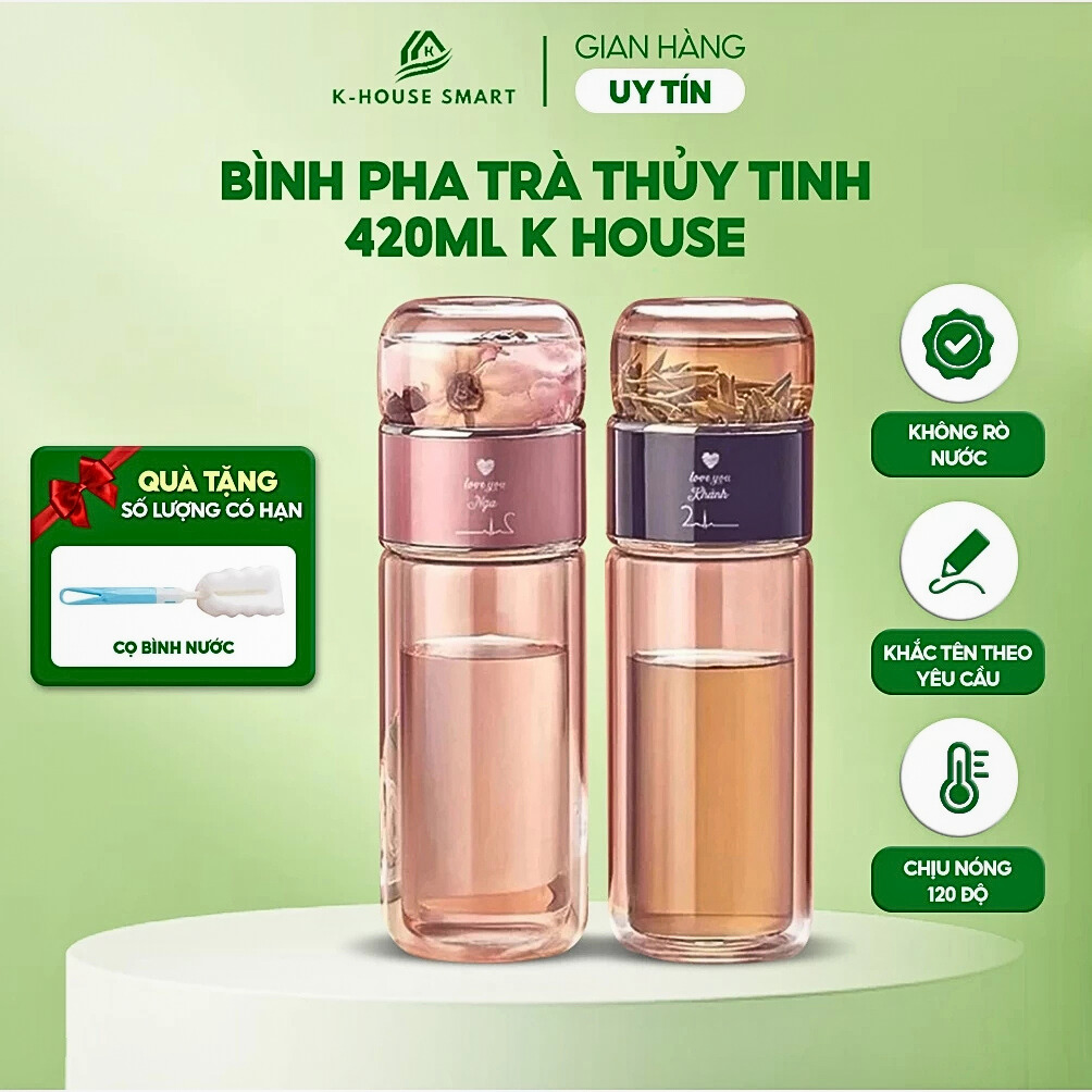 Bình pha trà thuỷ tinh 2 lớp cao cấp K- House Smart có lõi lọc bã trà và chịu được nhiệt cao từ -20 đến 140 độ C
