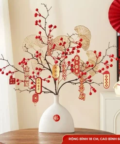 Set bình hoa đào đông K- House Smart kèm cành quạt sang trọng cao cấp, bình hoa gốm trang trí nhà Tết 2026